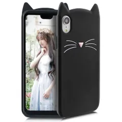 スマホケース 対応 iPhone Xr ケース シリコン 猫 かわいい キャラクター 耐衝撃 傷防止 レンズ保護 ソフト TPU 携帯カバー iPhoneケース 6.1インチ (ブラック)