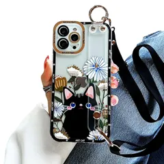 可愛い 猫 ネコ ねこ スマホケース iPhone 16 用 ケース 首かけストラップ スタンド機能 アイフォン 16 用 ケース (6.1インチ) シリコーン保護 カバー 携帯ストラップ キックスタンド カラー（ホワイト）