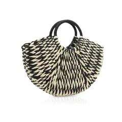 [NICOLE & DORIS] 草編みバッグ ストローバッグ 扇形 ハワイ麦わら手編み カゴトート 半円形 かご編みかばん レディース 手提げカバン 夏 ビーチ ボヘミア ビーチ 花火大会 浴衣向け 海水浴 お出かけ straw bag ブラック/ホワイト
