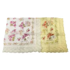 未使用 ローラアシュレイ  ハンカチ スカーフ  レディース 　2枚　2枚組　LAURA ASHLEY 綿　100％ レース　花柄　ホワイト イエロー ピンク 花柄 
