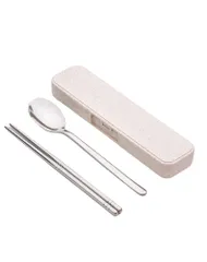 KASHIBAKER 箸 スプーン コンビセット ステンレス 18.5cm 持ち運び収納ケース スプーン箸セット 大人 カトラリーセット お弁当 食洗機対応 ベージュのサムネイル