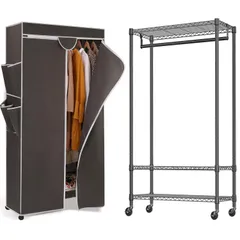 ハンガーラック幅90×奥行45×高さ184cm ワードローブ クローゼット カバー付き キャスター付 スチールラック メタル スリム 省スペース おしゃれ 頑丈 ハンガーかけ コートハンガー 洋服収納 (グレーブラウン)のサムネイル
