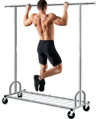 HOKEEPER ハンガーラック パイプハンガーラック 3ウェイ シングル 大容量 収納ラック 物干し スタンド 耐荷重205KG 洋服ハンガー 衣類収納 金属 頑丈 耐久 省スペース 組立簡単 ロール付き 縦横伸縮タイプ 寝室/洗濯室/玄関のサムネイル