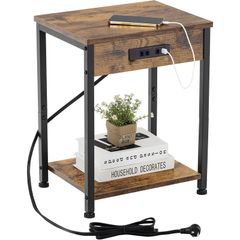 CJMM 사이드 테이블 콘센트 포함 접이식 L 자형 침대 사이드 테이블 W40 × D30 × H50cm 소파 테이블 수납 포켓 빙 테이블 식 모던 패션 미니 바인테이지 스타일 소파 슬림 소형 (타이거 스트라이프)