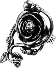 JewelryWe 指輪 ステンレス リング アンティーク風 バラ 薔薇 ローズ ジルコニア ダイヤ ゴシック ハロウィン アクセサリー シルバー ギフトバッグ 18号