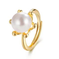 [KUKA.JEWEL] 真珠 指輪 パール リング フラワー 花 大珠 10mm 一粒 真珠 採用 銅製 13-15号まで調節可能 ディース おしゃれ 結婚式 指輪 女性 アクセサリ ラインストーン シルバー ゴールドカラー エレガント キュー ギフト 人気