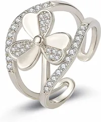 ジュエリー 人気ブランド 指輪 フリーサイズ 19K ステンレス製 ジルコニア レディース ピンクゴールド 三つ葉モチーフ リング ニューヨークスタイル (silver)