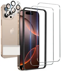 iPhone 16 Pro 用 ガラスフィルム (2枚) + iphone16 Pro 用 カメラフィルム (2枚) ガイド枠付き 1枚 取り除き発泡板 硬度9H 全面保護 耐衝撃 気泡なし 自動吸着 指紋防止 簡単貼り付け アイフォン16Pro 用 強化ガラ