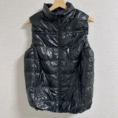 (^w^)b UNIQLO ユニクロ ダウンベスト キルティングベスト 317-064736(04-12) アウトドアベスト フェザー10% スタンドカラー ジップポケット 黒 ブラック 光沢 メンズ サイズ L OM11965HG