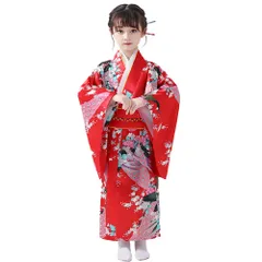 新品 [MTKCNTL] 浴衣 子供 女の子 着物 キッズ ハロウィン コスプレ 浴衣セット 2点セット ゆかた 七五三 ガールズ 華やか 作り帯 被布着物 LZQ286 (150 レッド)