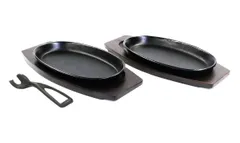新着商品 アサヒ ステーキ皿(IH対応) サイズ:230×135×23mm 鋳鉄製 2枚入 ハンドル付 ステーキ皿(木枠付き) 業務用使用品