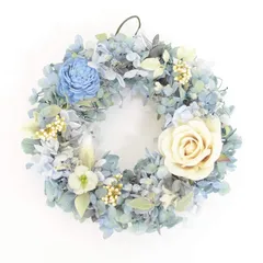 【新品】 Lulu's ルルズ パウダーブルー ローズ リース プリザーブドフラワー ドライフラワー アジサイ 薔薇 バラ アーティフィシャル 壁掛け インテリア 雑貨 玄関 飾り 結婚祝い サムシングブルー 新築祝い 開店祝い 誕生日 プレゼント ギフト サ