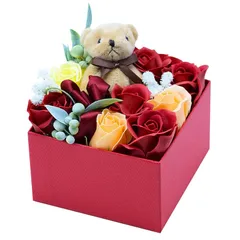 【新品】 シャボンフラワーベアBOX ソープフラワー アレンジメント 石鹸のお花 クマのぬいぐるみのボックスフラワー (レッド)