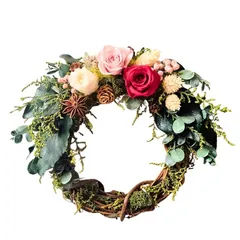 【新品】 Lulu's ルルズ バラと木の実のナチュラル ハーフリース プリザーブドフラワー ドライフラワー クリスマス リース 誕生日 新築祝い 開店祝い 母の日 敬老の日 ギフト プレゼント インテリア 雑貨 壁掛け 玄関 ドア飾り サイズ:直径約18cm