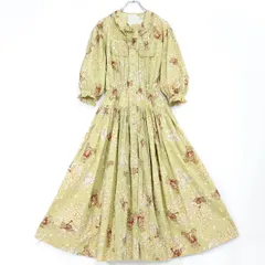 ピンクハウス★ふわふわくま&草花pt♪前開きワンピース くすみグリーン系 リボン&フリル♪薄手 z19591