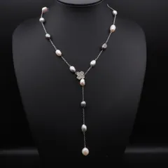 W006 淡水真珠 パール ネックレス クローバー ラインストーン パヴェ マルチカラー デザイン シルバーカラー 6月誕生石