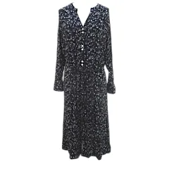 アズールバイマウジー AZUL by moussy 小花柄 長袖 ペディセル フレア ワンピース 羽織 ロング丈 S 黒系 ブラック シワ加工 リボンベルト