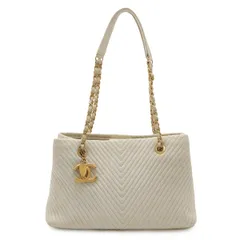 CHANEL シャネル Vステッチ シェブロン ココマーク トートバッグ チェーンショルダー ショルダーバッグ レザー アイボリー 白 ゴールド金具 A92089