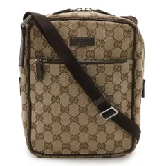 GUCCI グッチ GGキャンバス ショルダーバッグ ポシェット 斜め掛け レザー カーキベージュ ダークブラウン 茶 シルバー金具 03136