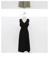 Free! プリーツ ノースリーブ ロング丈ワンピース ブラック (ベルト 含む)