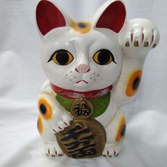 【希少・新品同様】とても大きな招き猫 左手挙げ 約34cm 陶器製 昭和レトロ 招き猫 陶器製 左手上げ 縁起物 日本文化 昭和アンティーク 福招き