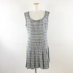 Saturday Club ツイード プリーツ ワンピース ノースリーブ ミニ 白 黒 XL *A220