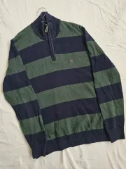 トミーヒルフィガー ストライプ ハーフジップアップニット