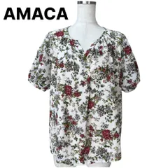 ワケあり　AMACA　キーネック　パフスリーブ　半袖プルオーバーブラウス　花柄　ホワイト　レッド　38号のサムネイル