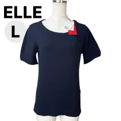新品タグ付き　ELLE　ラウンドネック　半袖サマーニット　パフスリーブ　ラメニット　紺　ネイビー　40号　L　大きいサイズレディース