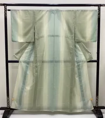 中古品　夏着物　夏小紋　薄緑暈し色　ポリエステル　洗える着物　裄65.5　R730