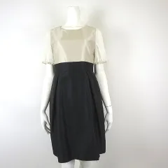 ボンメルスリー BON MERCERIE ワンピース バイカラー 異素材 切替 ひざ丈 ドット シフォン 半袖 M 38 ベージュ アイボリー ブラック