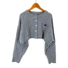 グレイル GRL ロゴ 刺繍 ケーブル ニット ショート丈 カーディガン k9311d 長袖 M グレー