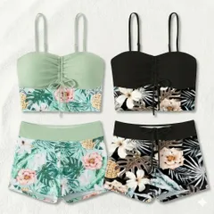 女の子 水着 ビキニ セットアップ 3点セット 花柄 ボタニカル スイムウェア ショートパンツ 緑 黒 グリーン ブラック セパレート 150 160 170 キッズ ジュニア ガールズ ティーン 小学生 中学生 高校生 海 プール リゾート 夏 ビーチウェア