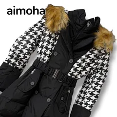 aimoha アイモハ ブラック レディース アウター ジャケット ダウンジャケット 千鳥格子 千鳥柄 ハウンドトゥース ファー付き ベルト付き ロング丈 バイカラー【Lサイズ】0001469OCのサムネイル