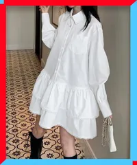 新品  ティアードチュニックシャツワンピース長袖 大人ガーリーワンピ 春夏ブラウス韓国風 ミニワンピ脚長見え 【送料無料】