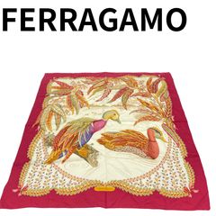 FERRAGAMO 葉柄スカーフ ホワイト・レッド 90×90サイズ - メルカリ