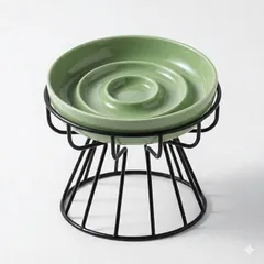 カロモンテ ペットボウル 陶器 早食い防止 餌皿 犬 小型犬 猫 スロー フードボウル スタンドセット 浅型 セラミック 吐き戻し防止 食べやすい 胃腸負担 食洗機対応 (グリーン)