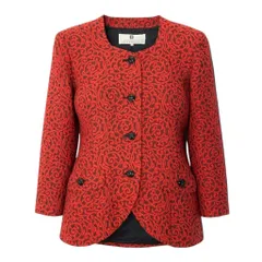 Id23 GIVENCHY ジバンシー ノーカラージャケット ロングジャケット 総柄 立体刺繍 ロゴボタン サイズ42 レッド レディース 女性用u02tのサムネイル