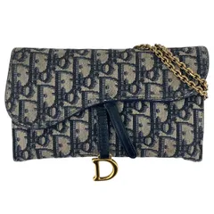 定価25万 現行品 Christian Dior クリスチャンディオール サドル チェーンポーチ スモール オブリーク  チェーン ウォレット ショルダーバッグ S5614CTZQ レディース キャンバス ネイビー 中古