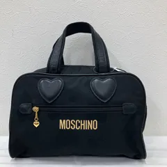 2423　MOSCHINO　モスキーノ　ハンドバッグ　 ハート　総柄　ブラック系　黒　ナイロン　 レザー　ロゴ　刺繍　レディース