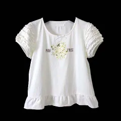 ピンクハウス PINK HOUSE カットソー シャツ プルオーバー トップス フリルスリーブ 半袖 ロゴ 花柄 プリント ストレッチ M オフ白 アイボリー