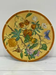 【塩】HERMES エルメス シエスタ プレート 16.5cm 飾り皿 食器 イエロー×オレンジ 蝶々 植物柄【21489SK】D23