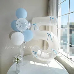 【うさまる様♡専用ページ】誕生日飾り風船セット　ナンバーバルーン　マカロン水色系　リボン付き　バレーコア