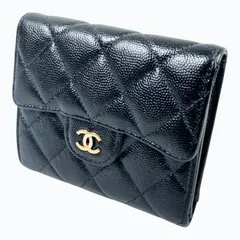 【美品】CHANEL シャネル キャビアスキン マトラッセ ココマーク クラシック コンパクト 三つ折り 財布 ブラック 裏ジップ
