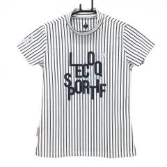 【超美品】ルコックゴルフ 半袖ハイネックシャツ 白×ネイビー ストライプ フロッキーロゴ レディース S ゴルフウェア le coq sportifのサムネイル