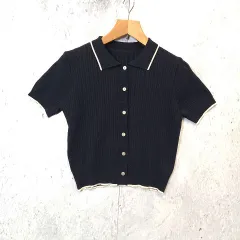 BLUE EAST ブルーイースト すかし編み ポロ襟ニット サマーニット デイリー オフィス フェミニン ブラック ◎、□〇のサムネイル