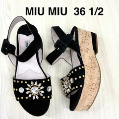 【ミュウミュウ MIUMIU】美品！ビジュー付きスウェードコルクサンダル プラットフォームサンダル 36.5 ブラック