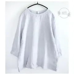 古着　無印良品　MUJI　リネン　麻　ブラウス　七分袖　XLサイズ　ライトブルー　くすみブルー　淡い水色　レディース　トップス　シャツ　カジュアル　ナチュラルファッション　春夏