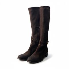 2d23 PRADA Suede Leather Long Boots with Buckle, Embroidered Design, Size 38, Brown, Women's Shoes k02i