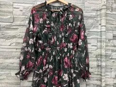 AMERI／長袖ワンピース／花柄／タック／シアー／グリーン／フリーサイズ